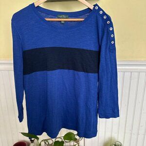Lauren Ralph Lauren Womens Striped Button Shoulder Top Blue Black Cotton XL